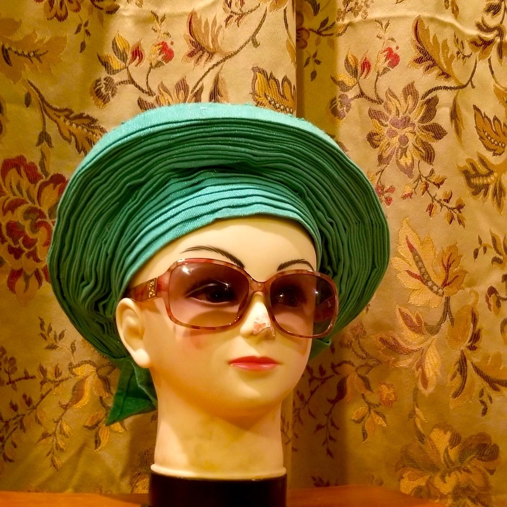 COPY - Aso-Oke African Headtie Auto Gele, Green Stoned Ready Made Gele Fabric